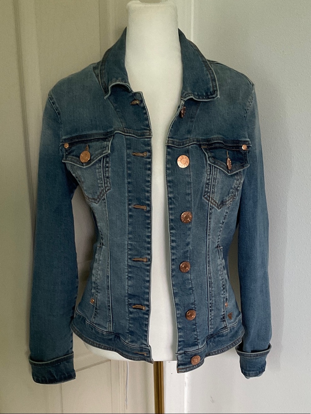 Guess Women's Blue Fitted Denim Jacket with Copper Buttons